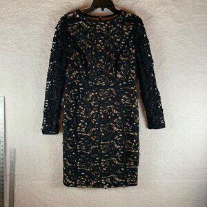 Coast Women's Black Nude Long Sleeve Back Zip Polyester Lace Shift Dress Size 10